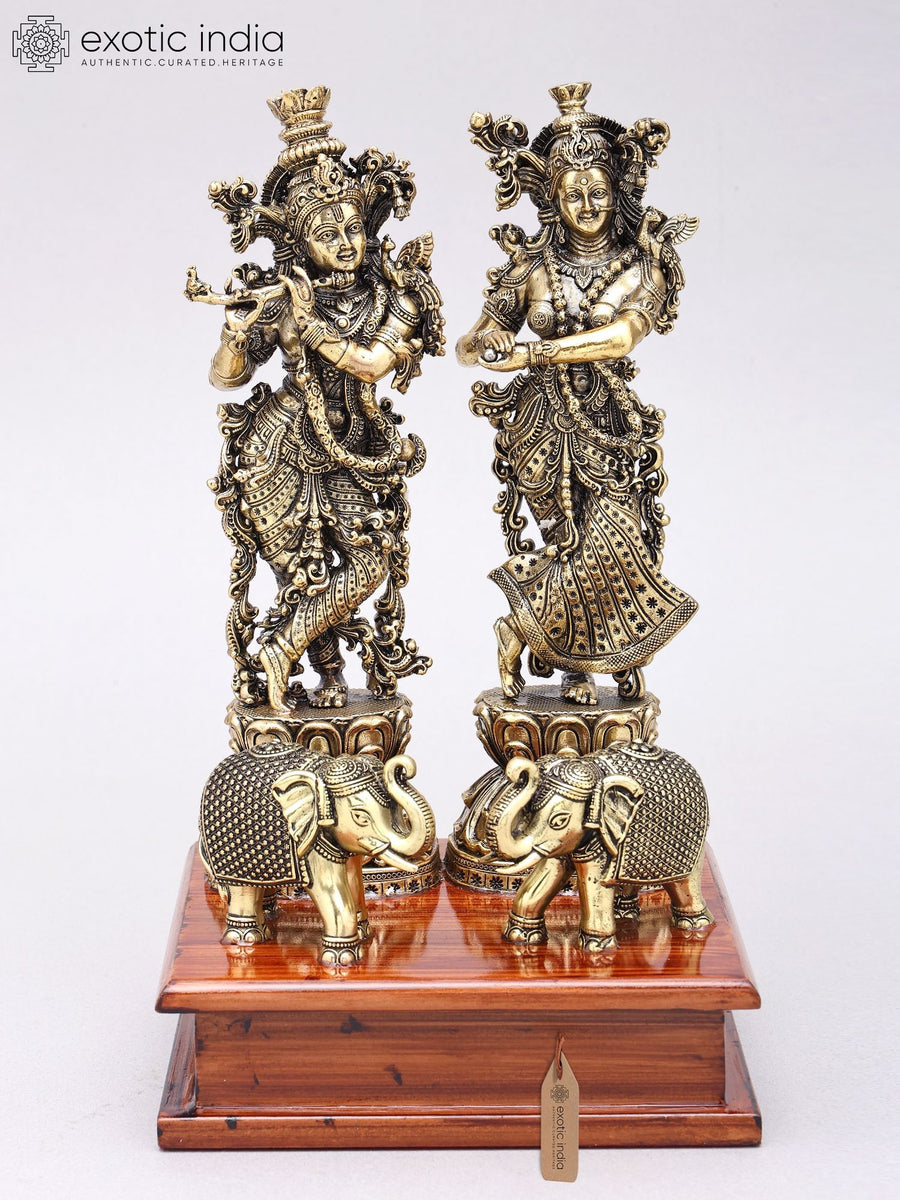 9" Handmade Radha Krishna with Elephants Brass Statue on Wood Base