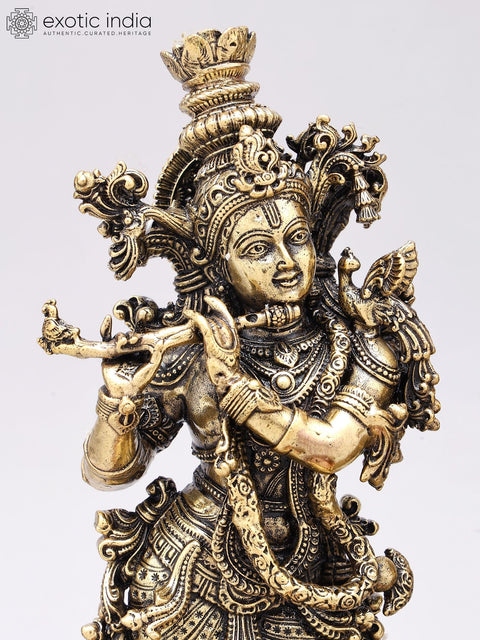 9" Superfine Standing Radha Krishna with Elephants | Brass Statues on Wood Base