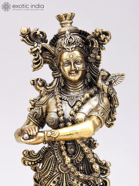 9" Superfine Standing Radha Krishna with Elephants | Brass Statues on Wood Base