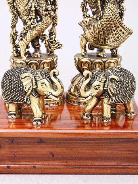 9" Superfine Standing Radha Krishna with Elephants | Brass Statues on Wood Base