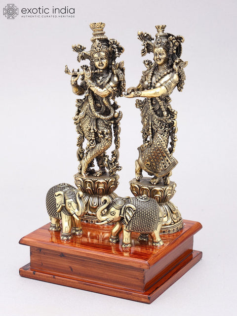 9" Superfine Standing Radha Krishna with Elephants | Brass Statues on Wood Base