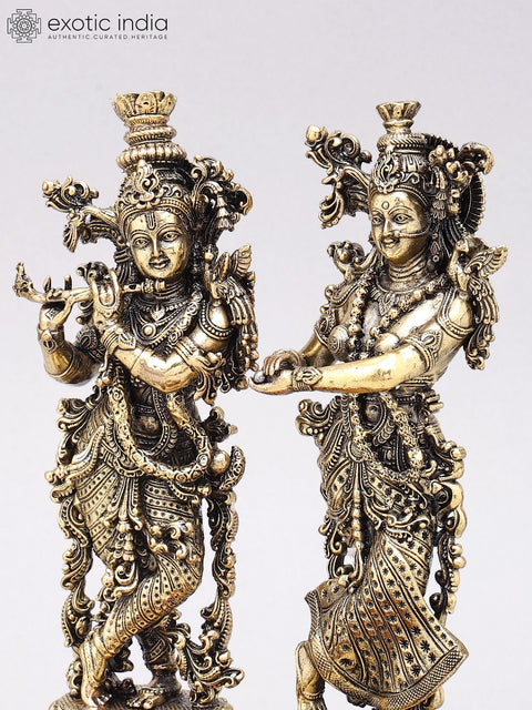 9" Superfine Standing Radha Krishna with Elephants | Brass Statues on Wood Base
