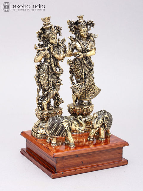 9" Superfine Standing Radha Krishna with Elephants | Brass Statues on Wood Base