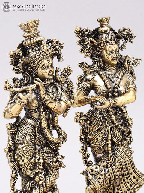 9" Superfine Standing Radha Krishna with Elephants | Brass Statues on Wood Base