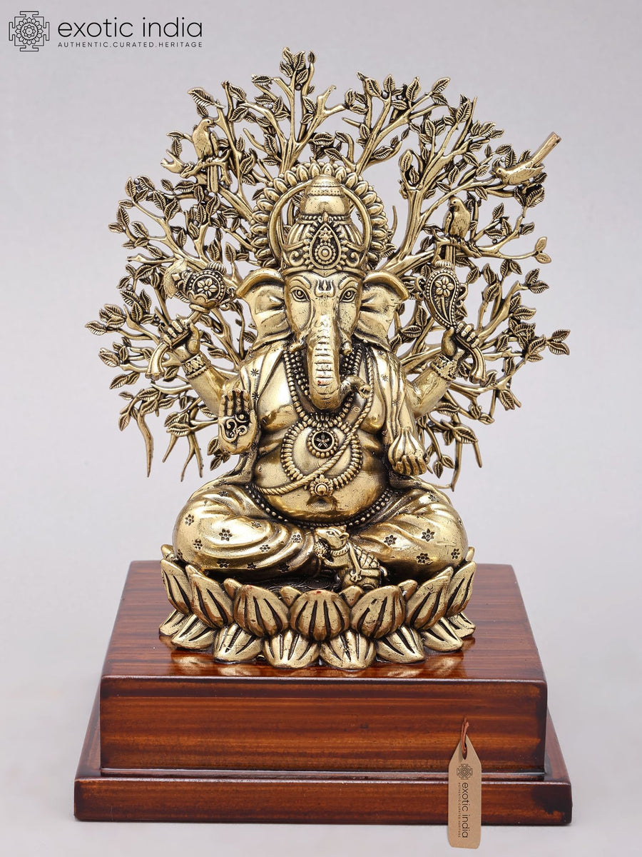 Handcrafted Ganesha With Tree Wooden Base Brass Statue
