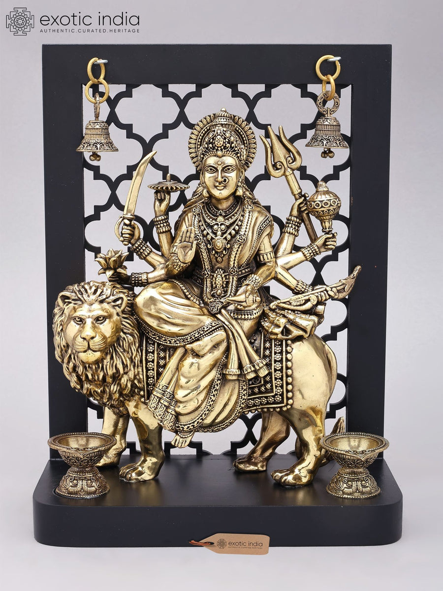 Brass Goddess Durga Statue with Wood Frame and Lamps - Handmade
