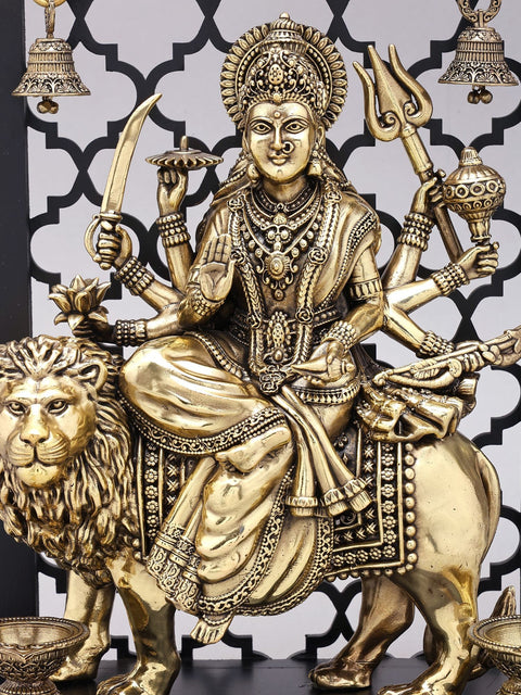 Designer Wood Framed Goddess Druga Statue in Brass with Lamps and Bells
