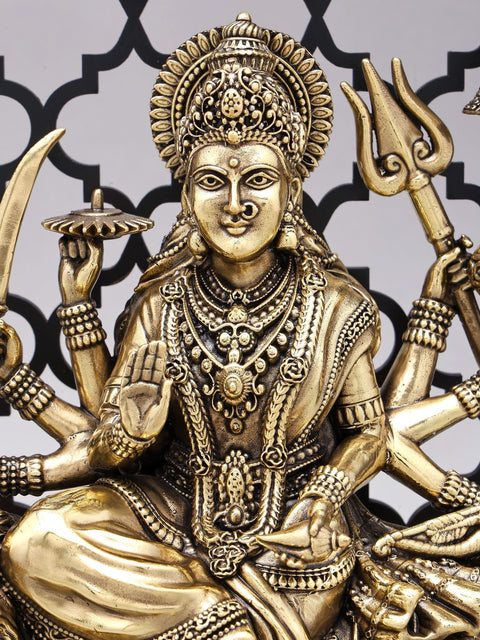 Designer Wood Framed Goddess Druga Statue in Brass with Lamps and Bells
