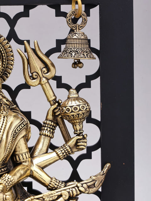 Designer Wood Framed Goddess Druga Statue in Brass with Lamps and Bells