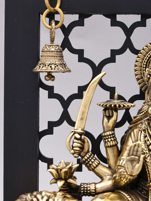 Designer Wood Framed Goddess Druga Statue in Brass with Lamps and Bells