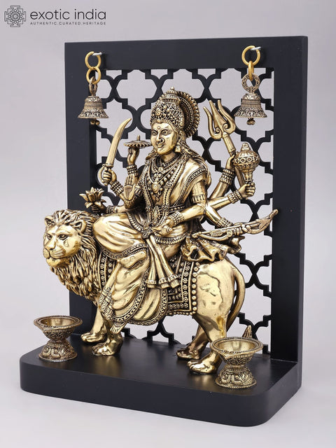 Designer Wood Framed Goddess Druga Statue in Brass with Lamps and Bells