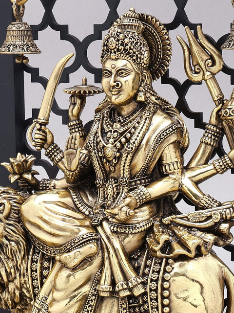 Designer Wood Framed Goddess Druga Statue in Brass with Lamps and Bells