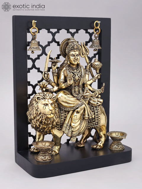 Designer Wood Framed Goddess Druga Statue in Brass with Lamps and Bells