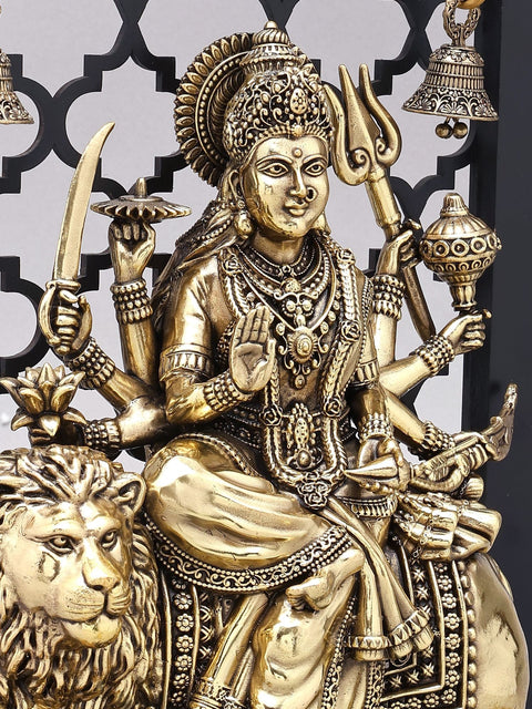 Designer Wood Framed Goddess Druga Statue in Brass with Lamps and Bells