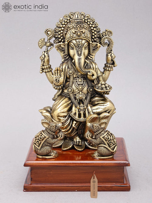 9" Brass Superfine Blessing Lord Ganesha Idol with Wood Base