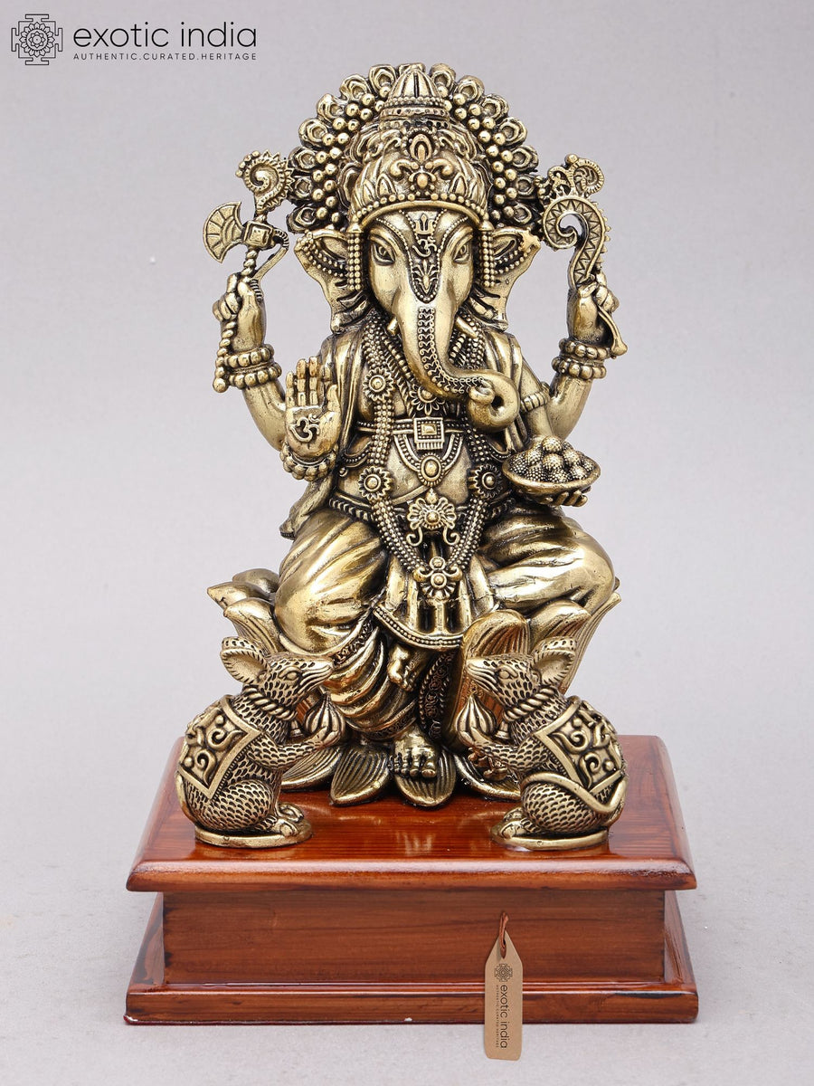 9" Brass Superfine Blessing Lord Ganesha Idol with Wood Base