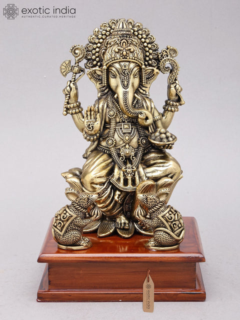 9" Brass Superfine Blessing Lord Ganesha on Wood Base