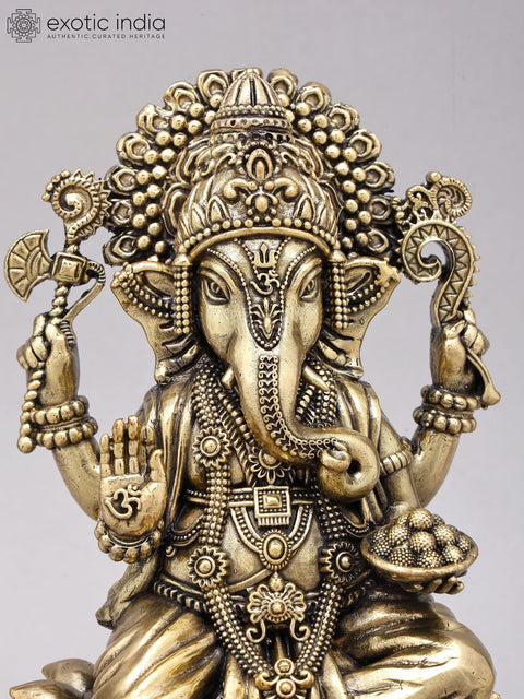 9" Brass Superfine Blessing Lord Ganesha on Wood Base