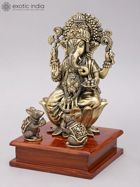 9" Brass Superfine Blessing Lord Ganesha on Wood Base
