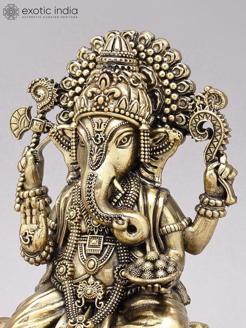 9" Brass Superfine Blessing Lord Ganesha on Wood Base
