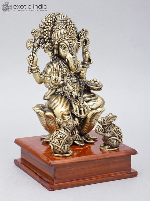 9" Brass Superfine Blessing Lord Ganesha on Wood Base