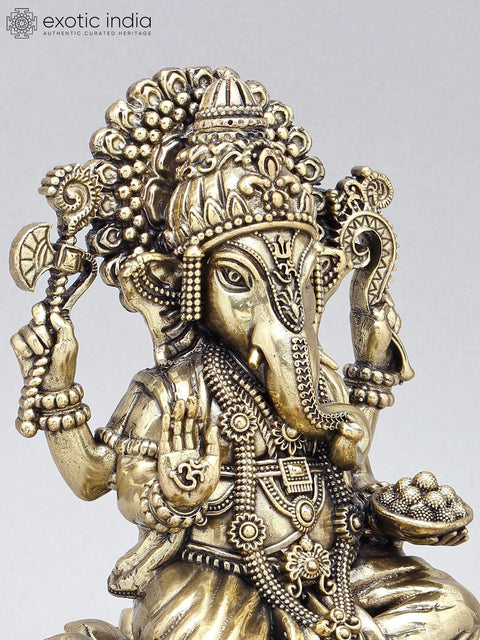 9" Brass Superfine Blessing Lord Ganesha on Wood Base