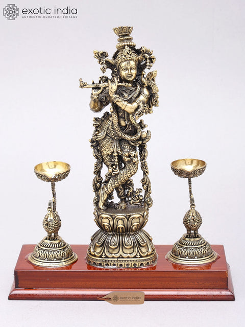 9" Superfine Fluting Lord Krishna with Peacock Lamps |  Brass Statue on Wood Base