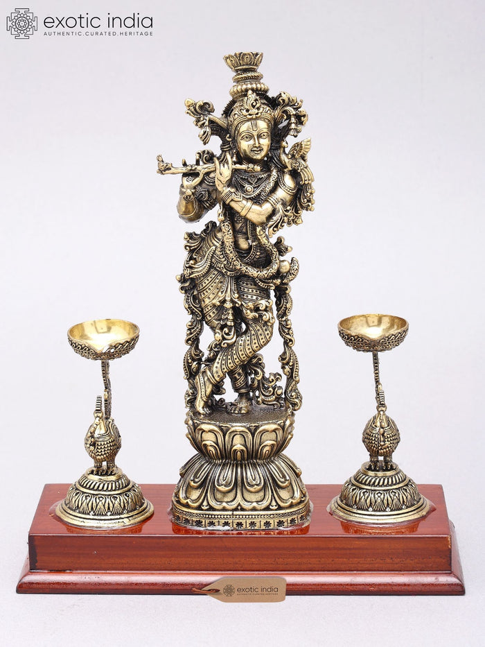 9" Superfine Fluting Lord Krishna with Peacock Lamps |  Brass Statue on Wood Base