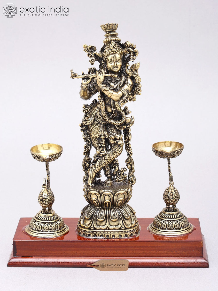 9" Handmade Brass Krishna with Peacock Oil Lamps Statue