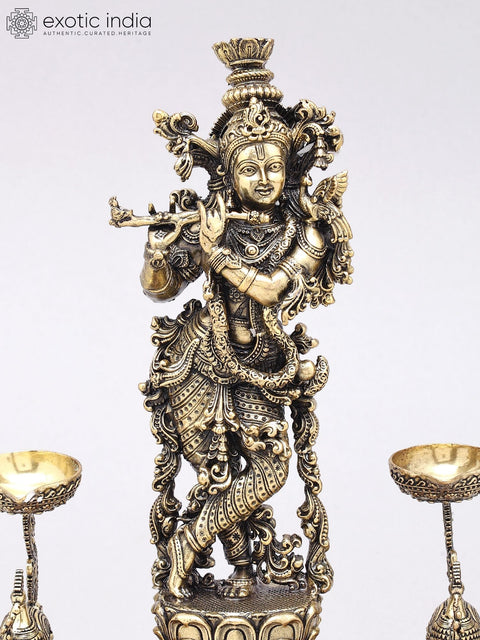 9" Superfine Fluting Lord Krishna with Peacock Lamps |  Brass Statue on Wood Base