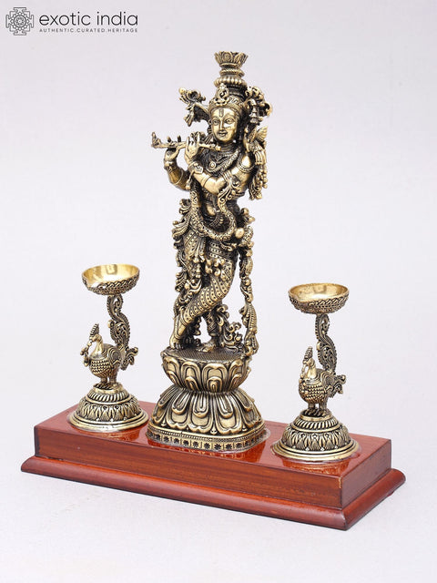 9" Superfine Fluting Lord Krishna with Peacock Lamps |  Brass Statue on Wood Base