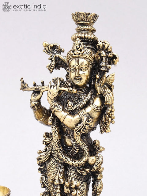 9" Superfine Fluting Lord Krishna with Peacock Lamps |  Brass Statue on Wood Base