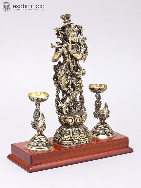 9" Superfine Fluting Lord Krishna with Peacock Lamps |  Brass Statue on Wood Base