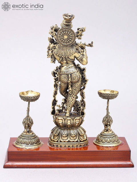 9" Superfine Fluting Lord Krishna with Peacock Lamps |  Brass Statue on Wood Base