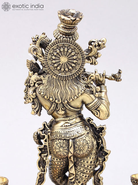 9" Superfine Fluting Lord Krishna with Peacock Lamps |  Brass Statue on Wood Base
