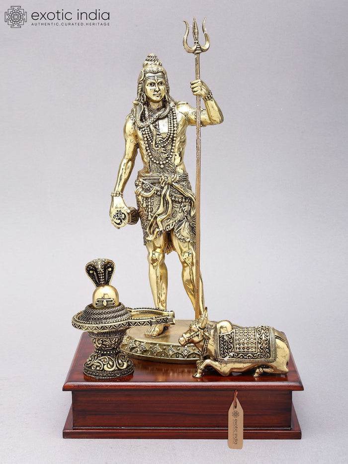 13" Standing Lord Shiva with Nandi Brass Statue on Wood Base