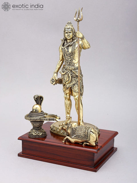13" Superfine Standing Lord Shiva with Nandi and Shivalinga | Brass Statues on Wood Base