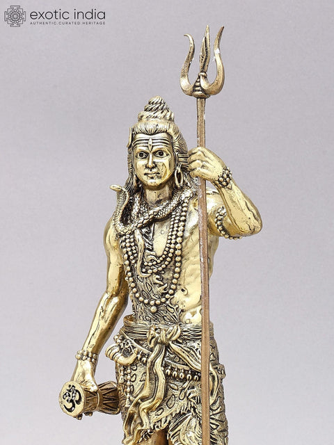 13" Superfine Standing Lord Shiva with Nandi and Shivalinga | Brass Statues on Wood Base