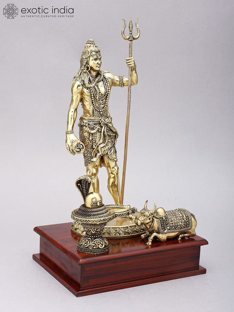 13" Superfine Standing Lord Shiva with Nandi and Shivalinga | Brass Statues on Wood Base