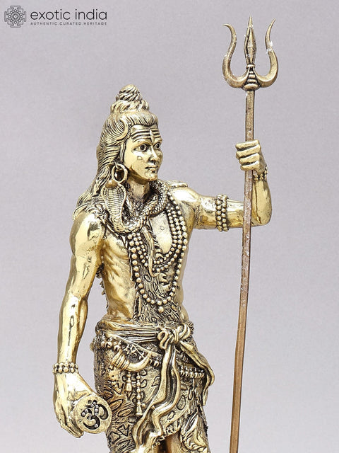 13" Superfine Standing Lord Shiva with Nandi and Shivalinga | Brass Statues on Wood Base