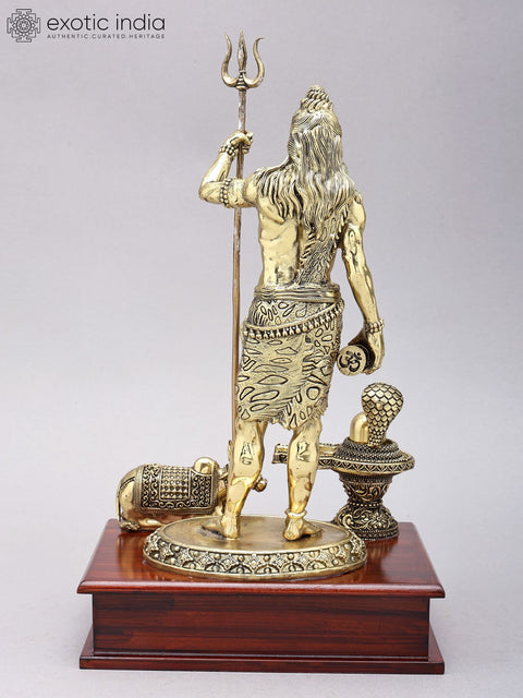 13" Superfine Standing Lord Shiva with Nandi and Shivalinga | Brass Statues on Wood Base