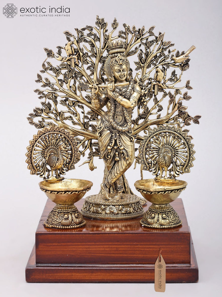 8" Handmade Brass Lord Krishna Statue with Tree Backdrop on Wood Base