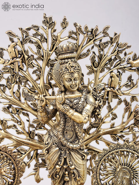 8" Superfine Fluting Lord Krishna with Beautiful Tree as Backdrop | Brass Statue on Wood Base