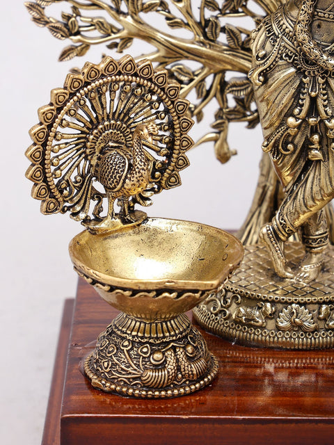 8" Superfine Fluting Lord Krishna with Beautiful Tree as Backdrop | Brass Statue on Wood Base