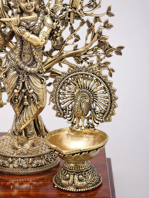 8" Superfine Fluting Lord Krishna with Beautiful Tree as Backdrop | Brass Statue on Wood Base