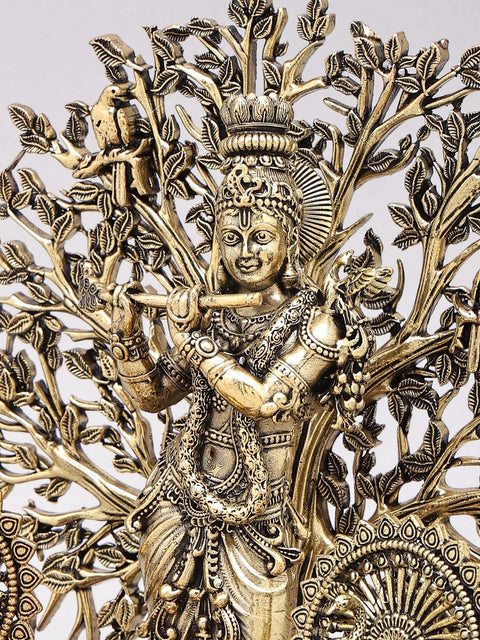 8" Superfine Fluting Lord Krishna with Beautiful Tree as Backdrop | Brass Statue on Wood Base