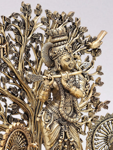 8" Superfine Fluting Lord Krishna with Beautiful Tree as Backdrop | Brass Statue on Wood Base