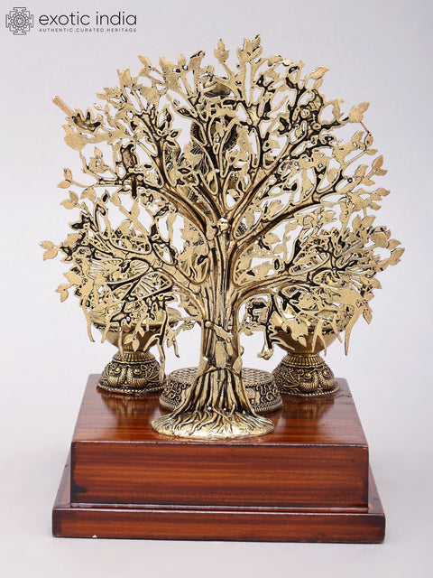 8" Superfine Fluting Lord Krishna with Beautiful Tree as Backdrop | Brass Statue on Wood Base
