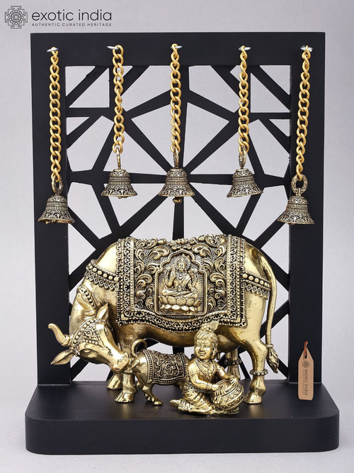 12" Makhanchor Krishna with Cow and Calf Handmade Brass Statue