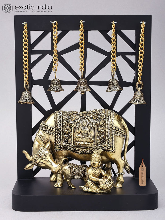 12" Makhanchor Krishna with Cow and Calf Handmade Brass Statue